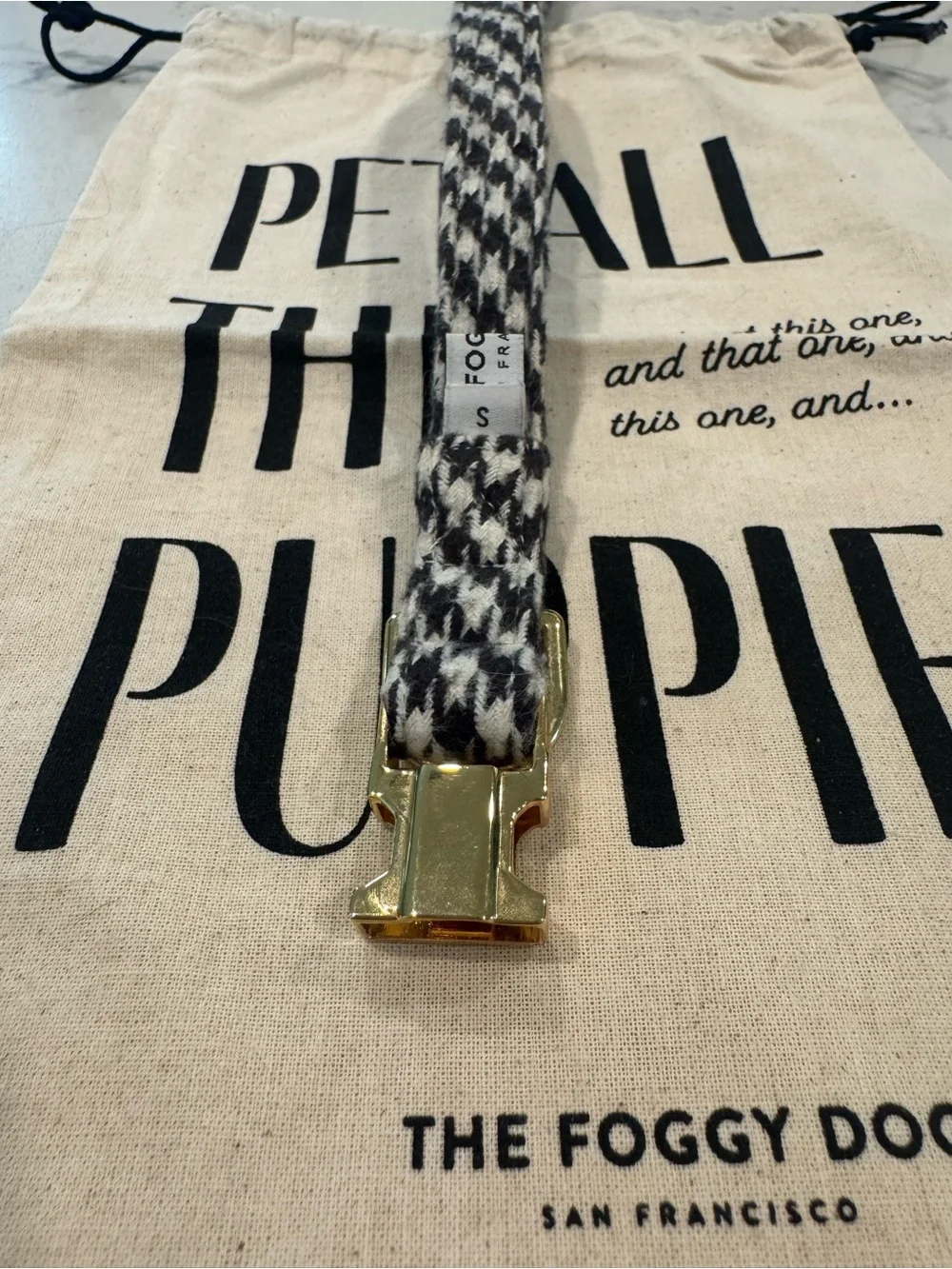 The Foggy Dog Black & White Houndstooth Dog Collar Gold Hardware - NWOT | small
